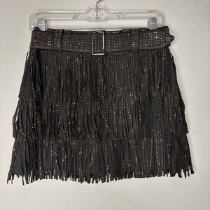 Nylon Apparel Rhinestone Multilayered Tassel Belted Mini Skirt Small Black New